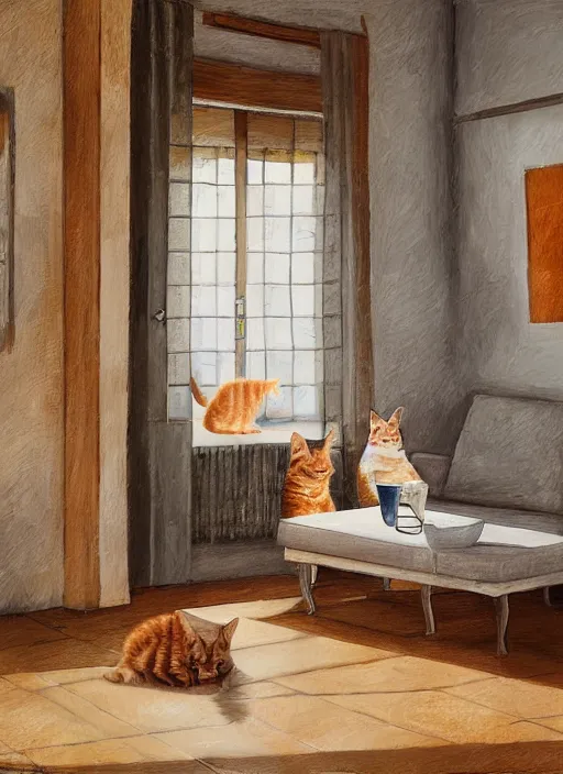 Prompt: MODERN Provence interior with Ginger Cat , Realism, Photograph, living room, inside a house, photorealism, ultra detailed, natural light, photograph, wide angle