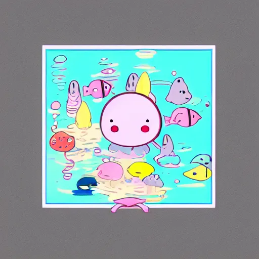 Prompt: pantone cute kawaii anime cartoon illustration fish tank, Pastel colors