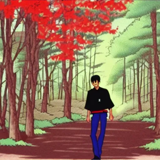 Image similar to a still of a 90s OVA of a man with black hair wearing a red shirt in a forest