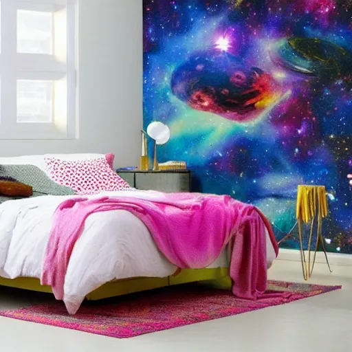 Prompt: Liminal space in outer space!!!!!, bed cover in a room with colorful walls
