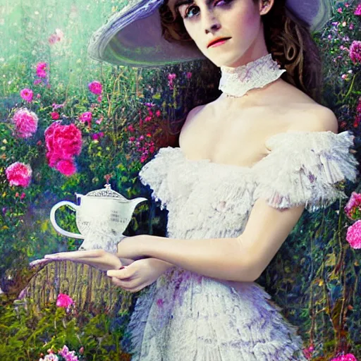 Image similar to full body fashion model emma watson smokey eyes makeup eye shadow textured film grain oil on canvas fantasy, glow, shimmer as victorian woman in a long white frilly lace dress and a large white hat having tea in a sunroom filled with flowers, roses and lush fern flowers ,intricate, night, highly detailed, dramatic lighting , high quality