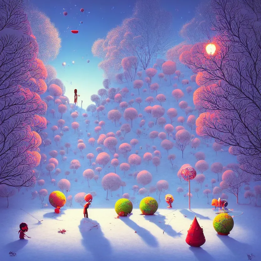 Prompt: snow ball, summer morning, very coherent and colorful high contrast, art by! gediminas pranckevicius! geof darrow, pastel color, volumetric lighting, cinematic, floralpunk screen printing woodblock, dark shadows, hard lighting, stippling art