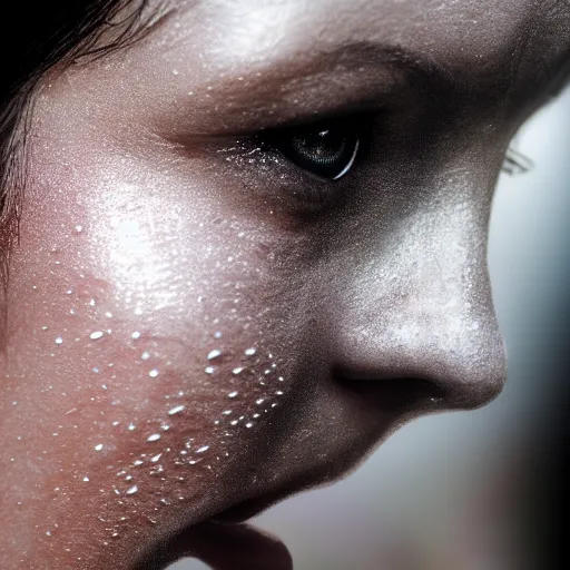 Image similar to closeup of sweating forehead with sweat on it, big drops of sweat, big beads of sweat, sweat drops, airbrush painting, forehead only, by Hajime Sorayama, trending on artstation, beautiful lighting, sharp, details, hyper-detailed, HD, HDR, 4K, 8K