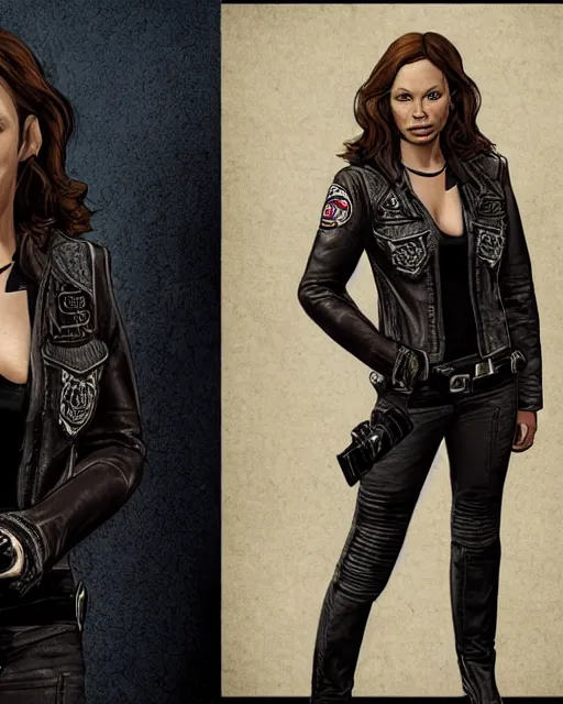 Image similar to Rebecca Ferguson in sons of anarchy tv show, wearing samcrow leather jacket, D&D style , highly detailed, digital art, trending on artstation, smooth, sharp focus, illustration, art by artgem and ROBERT HYNES