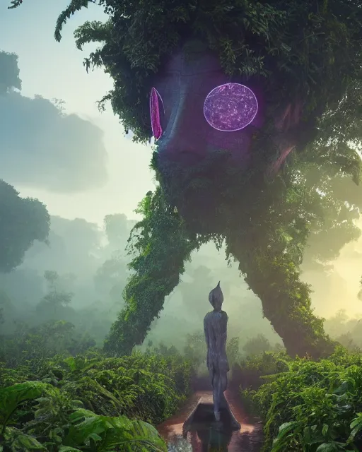 Image similar to giant anonymous statue, beautiful jungle landscape, beautiful vines growing, in the style of beeple and mike winkelmann, intricate, epic lighting, cinematic composition, hyper realistic, 8 k resolution, unreal engine 5, raytracing, reflections, happy colors