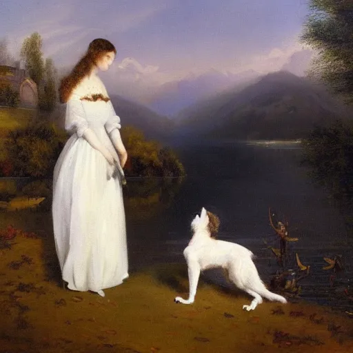 Image similar to a beautiful girl with a beautiful face wearing white dress, a dog, john martin landscape, lake, evening