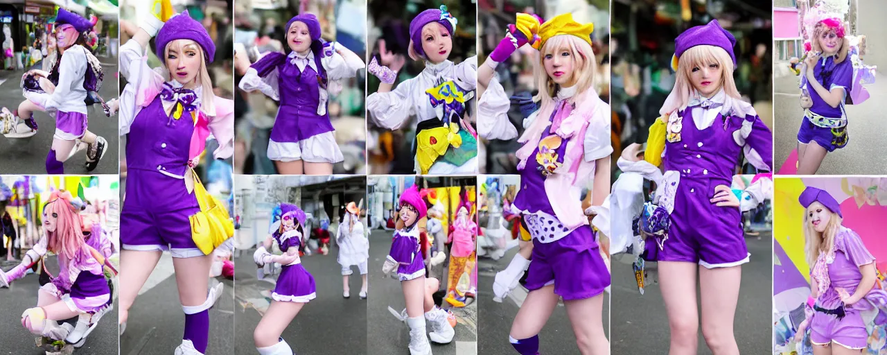 Prompt: A character sheet of a cute magical girl with short blond hair and freckles wearing an oversized purple Beret, Purple overall shorts, Short Puffy pants, pointy jester shoes, a big yellow scarf, and white leggings. Rainbow accessories all over.Photo Collage. Decora Fashion. harajuku street fashion. Cosplay. E-Girl. Kawaii Design. Intricate. Highly Detailed. Photorealistic. Sunlit