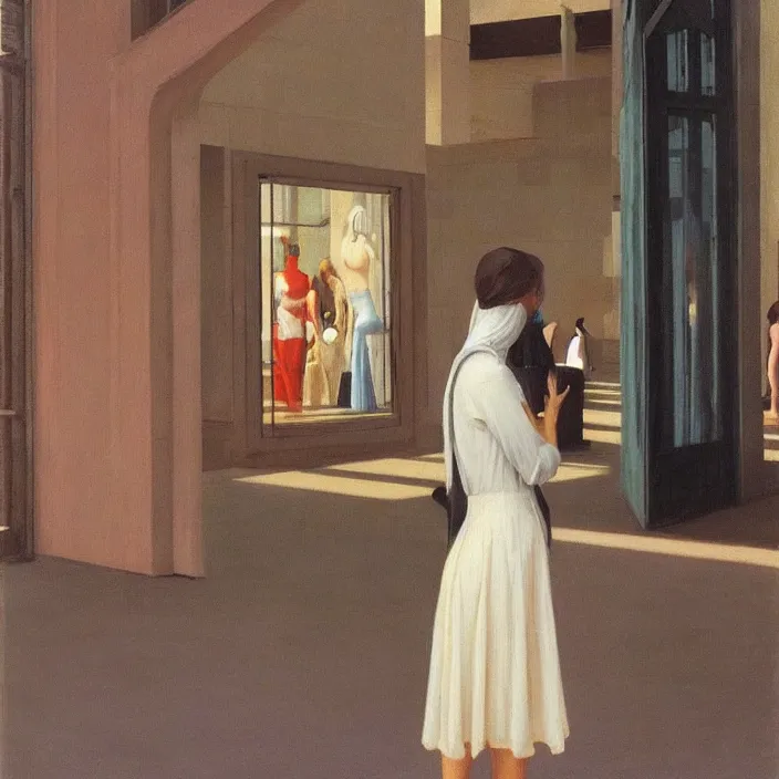 Image similar to woman in transparent robes, short skirt, in magnificent shopping mall, oil painting by edward hopper, zdislav beksinski, wayne barlowe