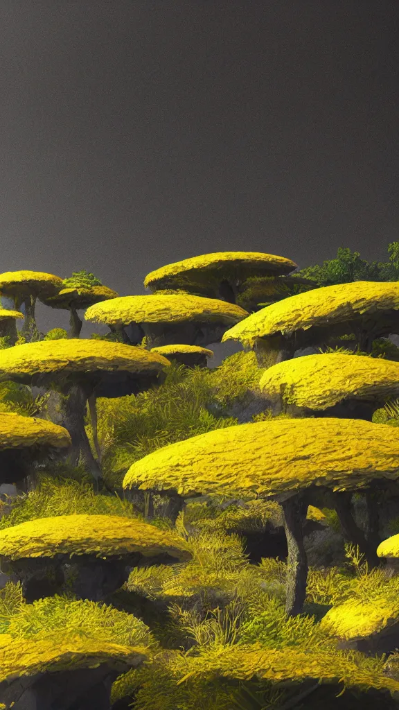 Prompt: a 3D render of a yellow-tented ecosystem scenery, high contrast, highly detailed, sharp focus, digital painting, 3D art, illustration, trending on artstation,