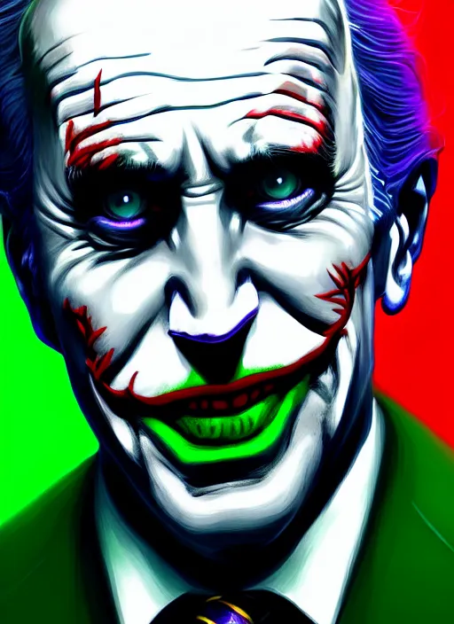 Image similar to portrait of joe biden as the joker, green hair, intricate, elegant, glowing lights, highly detailed, digital painting, artstation, concept art, sharp focus, illustration, art by wlop, mars ravelo and greg rutkowski