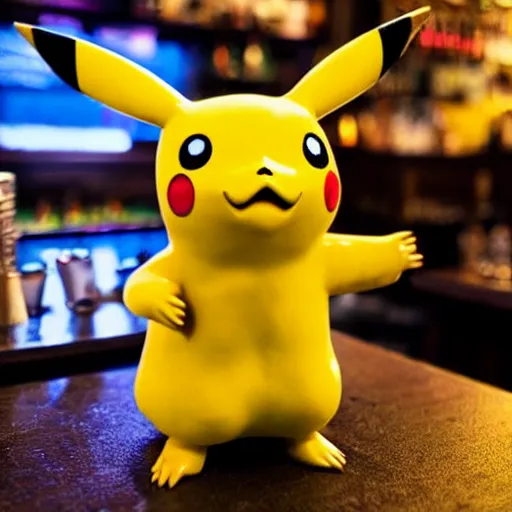 Prompt: pikachu sitting at the bar top of an Irish pub drinking beer