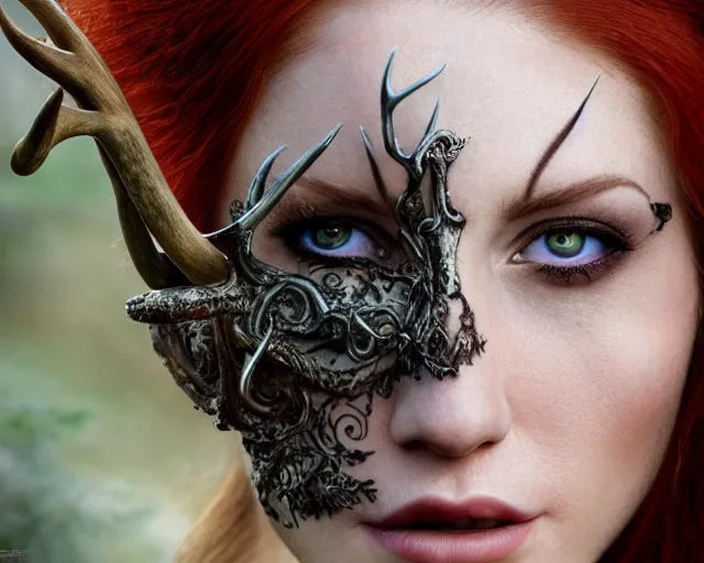 Image similar to 5 5 mm portrait photo of an armored gorgeous anesthetic redhead woman warrior with a face tattoo and antlers growing from her head, in a magical forest in the style of stefan kostic, art by luis royo. highly detailed 8 k. intricate. lifelike. soft light. nikon d 8 5 0. cinematic post - processing