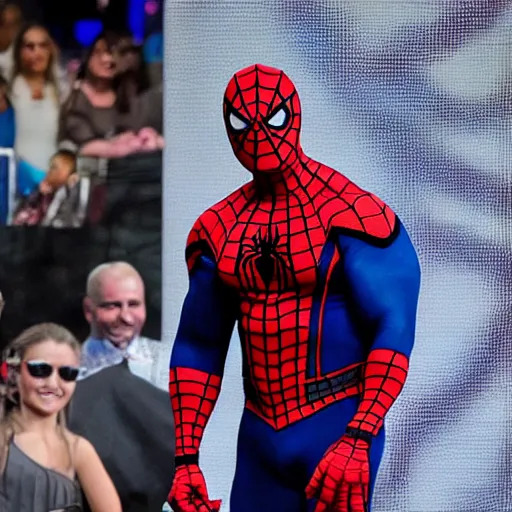 Image similar to dwayne johnson entrances wearing spiderman costumes