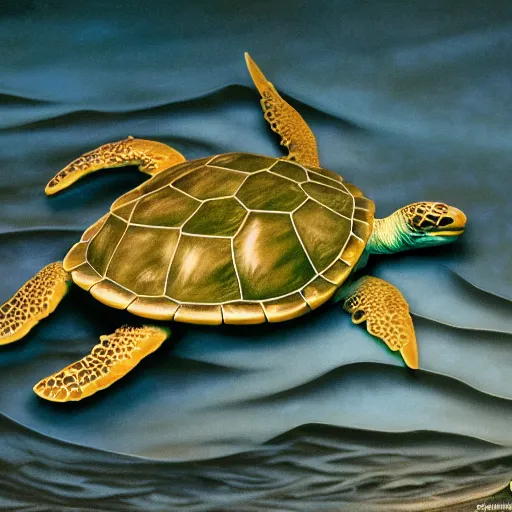 Prompt: a porcelain sculpture of a sea turtle, photorealistic, centered, close up shot, flash photography, beige, white, green, light - blue, dark - blue, waves of water, by bob eggleton, trending on artstation