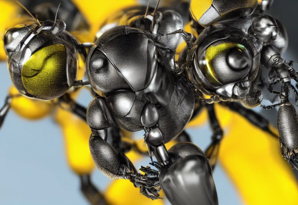 Prompt: a macro closeup of robotic wasp. photorealistic. octane render. highly detailed.