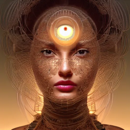 Image similar to one very beautiful woman integrating with technology, full face frontal centered, portrait, insipiring, detailed intricate ornate cables connected to head, big open electric eyes, luxurious detailed abundent wiring and implants, diamonds, sci-fi, neon, emeralds, detailed technology full background, highly detailed, artstation, Rene Lalique and Eddie Mendoza and Gil Elvgren