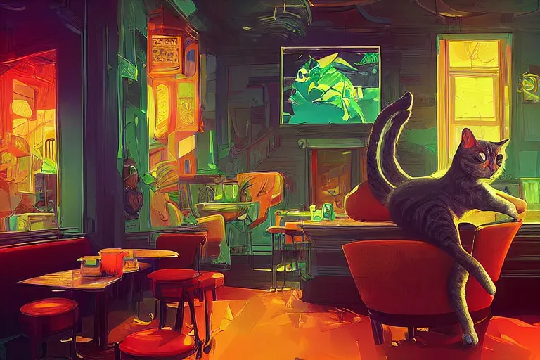 Image similar to a digital art of a cat sits on a chair in a bar in the afternoon, the sun shines in, animal, light effect, highly detailed, by anton fadeev