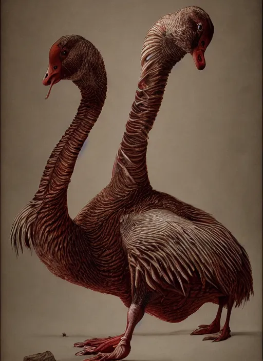 Image similar to portrait of a hyper realistic demonic goose with translucent skin, visible muscles and veins and arteries and bones and spines and nerves, beautiful detailed intricate insanely detailed octane render, 8k artistic photography, photorealistic, chiaroscuro, by David Cronenberg, Raphael, Caravaggio