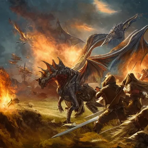 Prompt: war torn medieval battlefield, figures fighting in the distance, dragons spewing fire, mages in a circle casting, dnd, fantasy, high quality, high definition, concept art, smooth