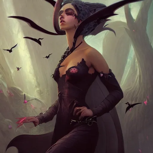 Image similar to a beautiful portrait of a succubus goddess with bats in the background and closed eyes by greg rutkowski and raymond swanland, trending on artstation, ultra realistic digital art