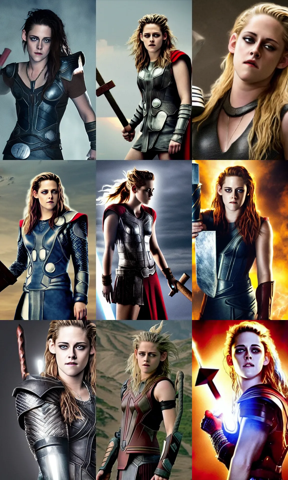 Prompt: Kristen Stewart as the Mighty Thor, holding Mjolnir, lightning