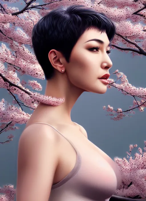 Prompt: photo of a gorgeous female with short gray hair in the style of stefan kostic, realistic, body shot, sharp focus, 8 k high definition, insanely detailed, intricate, elegant, art by stanley lau and artgerm, cherry blossoms