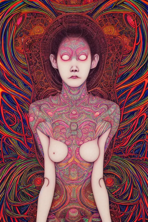 Image similar to realistic detailed image of women floating in a padded room, conjuring psychedelic background, part by takato yamamoto, part by alex gray, ross tran, james jean, ultra realistic, octane render, highly detailed, 8 k, trending on artstation, cosmic, symmetry, masterpiece