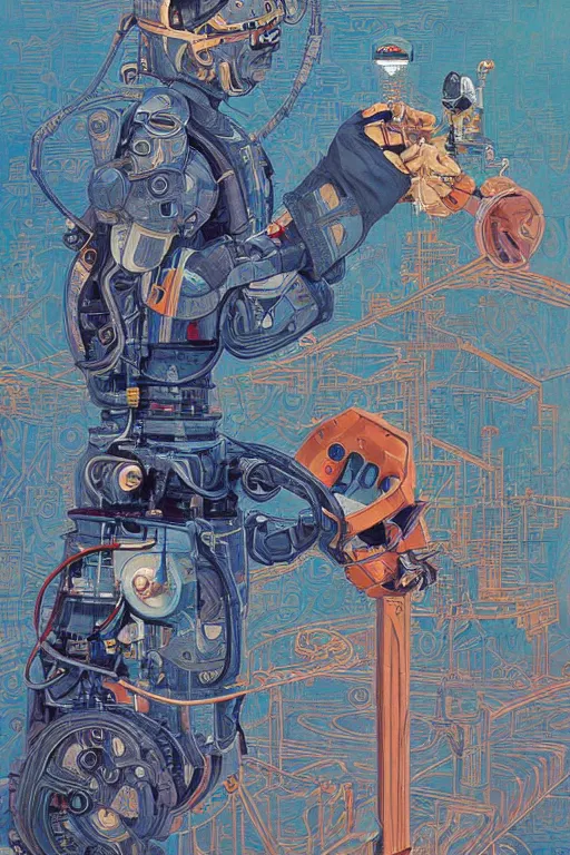 Prompt: a boy fixing his robot by Lohmuller Gyuri and Victo Ngai, high angle, oil on canvas