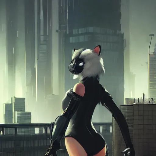 Image similar to new york city portrait of 2B nier automata as a furry anthro anthropomorphic animal person fursona wearing skin tight clothes muzzle gloomy rainy screenshot from the video game cyberpunk 2077 digital art by Greg Rutkowski, Simon Stalenhag, christopher nolan trending on Artstation, CGSociety