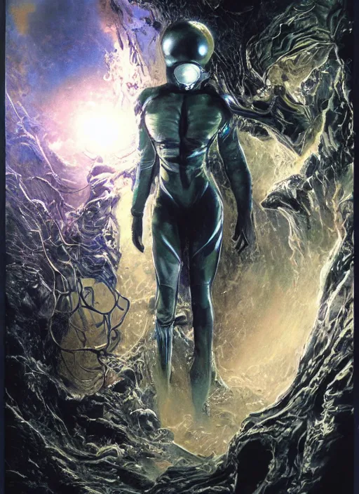 Image similar to alien astronaut in dark void underwater - complex and hyperdetailed technical suit design. reflection and dispersion materials. rays and dispersion of light. volumetric light. f / 3 2. noise film photo. flash photography. ultra realistic, 5 0 mm. poster by wayne barlowe, hajime sorayama aaron horkey, craig mullins