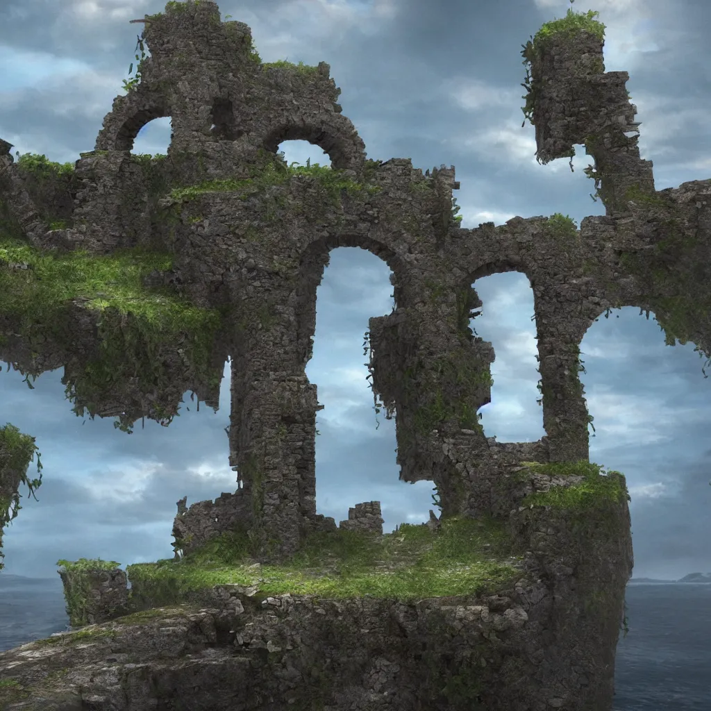 Image similar to looking up at a ruined castle on a small island only reachable by a small land bridge, 8 k, ultra realistic cinematic, intricate, cinematic light, concept art, illustration, art station