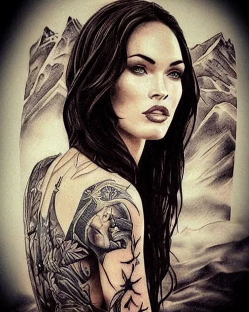 Image similar to tattoo design sketch of megan fox with amazing mountain scenery, with double exposure effect, realism tattoo, in the style of den yakovlev, amazing detail, sharp