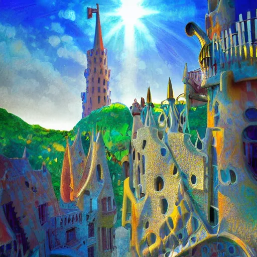 Prompt: antonio gaudi i cornet style castle, sun shining through, dream, colorful, cosy wilderness, bright colors, highly detailed, sharp focus, illustration by makoto shinkai