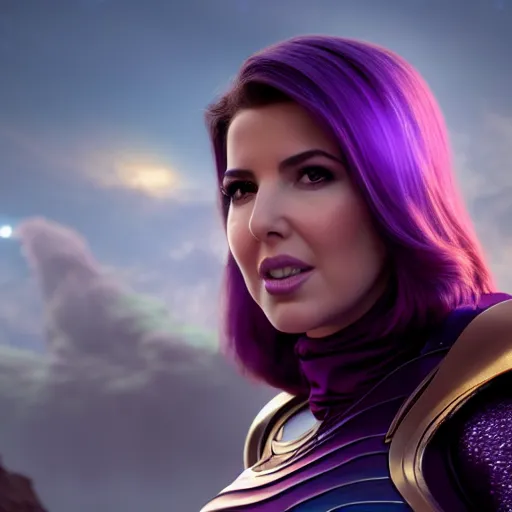 Image similar to a portrait of nancy ajram as thanos, the pixar adaptation, hyper detailed, digital art, trending in artstation, cinematic lighting, studio quality, smooth render, unreal engine 5 rendered, octane rendered