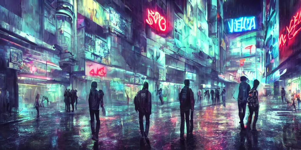 Image similar to teenagers with tech clothing and hoods and futuristic gas masks painting giant graffitis on the walls of a dystopian city, neon lights, sci - fi, night lights, rain and haze, concept art, intricate, photorealistic, in the style of katsuhiro otomo, akira, octane render, rtx, hdr, unreal engine