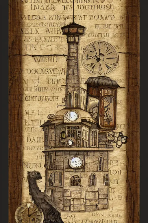 Image similar to the impossible clock tower, tower, building steampunk, papyrus, parchment