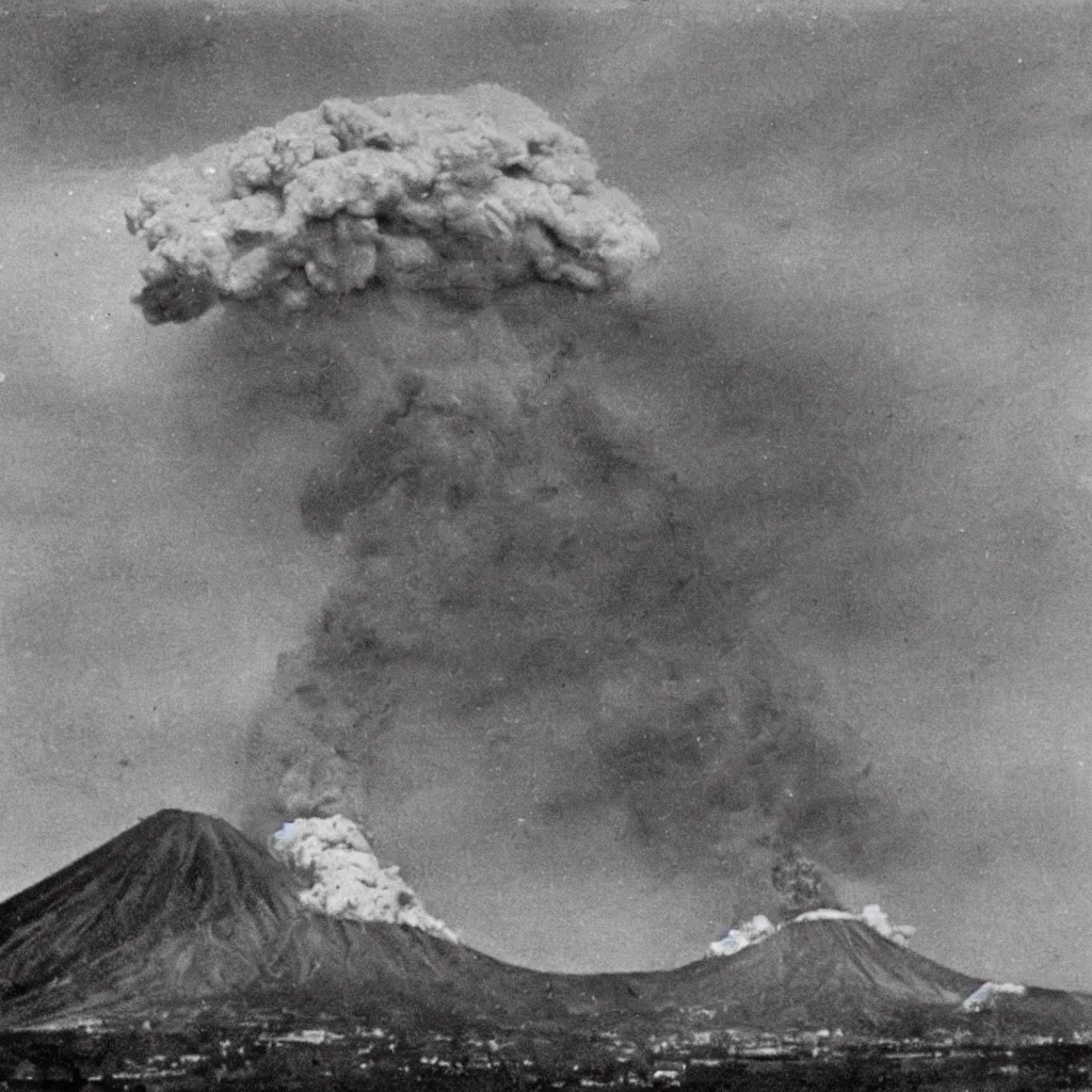 Image similar to a real photo of the eruption of mount vesuvius in 7 9 ad as seen by the villagers who are running away