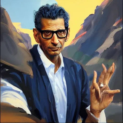 Prompt: greg manchess portrait painting of jeff goldblum as a wizard, medium shot, asymmetrical, profile picture, organic painting, sunny day, matte painting, bold shapes, hard edges, street art, trending on artstation, by huang guangjian and gil elvgren and sachin teng