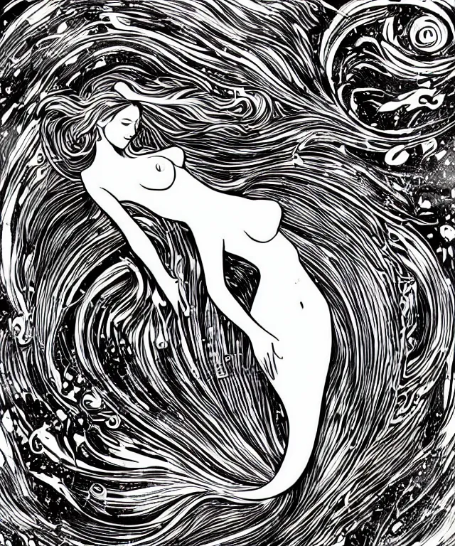 Image similar to black and white illustration, creative design, beautiful mermaid in swirling water