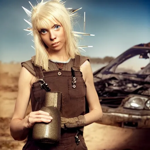 Prompt: a skinny female high-fantasy elf with a long face narrow chin and spiky blonde hair wearing dark brown overalls and holding a bomb next to a destroyed car, gel spiked blond hair, small ears, narrow lips, high resolution film still, HDR color