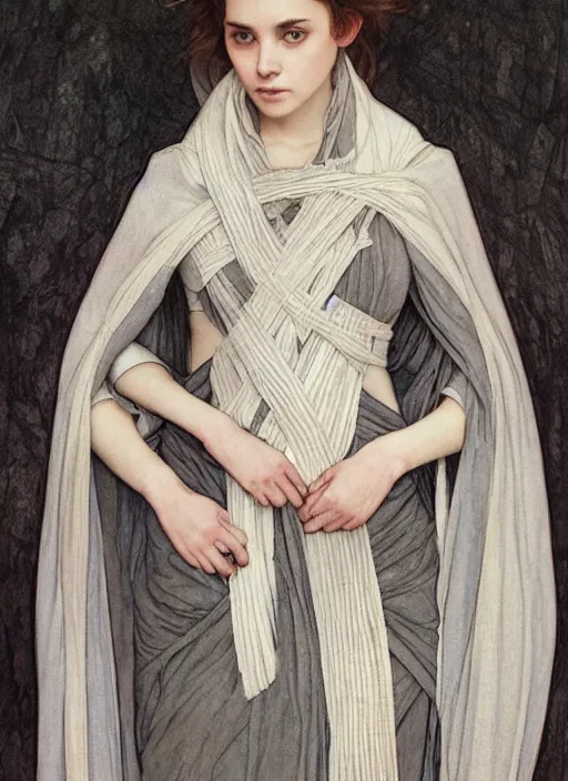 Image similar to a portrait of a 16 year old girl with pale skin and short dark hair wearing a cloak made of strips of grey fabric, By Artgerm and Greg Rutkowski and Alphonse Mucha