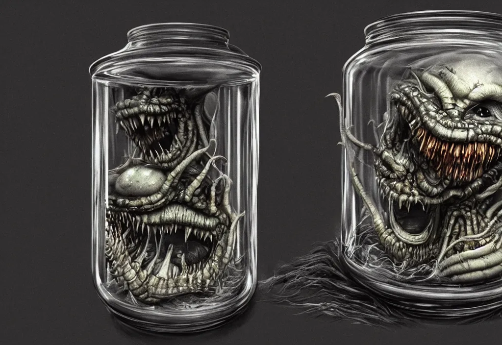 Image similar to Photorealistic miniature monster inside a jar on clean background by H.R. Giger, KDA and Sam Yang, trending on artstation