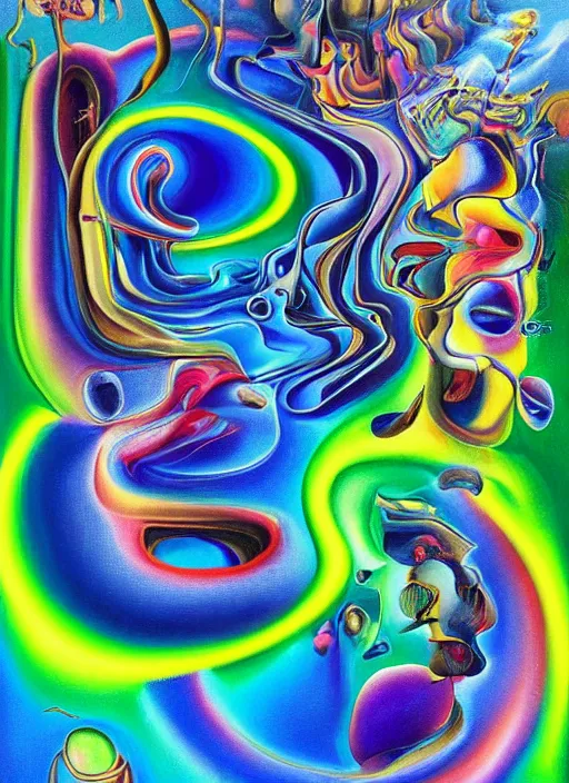Image similar to an extremely high quality hd surrealism painting of a 3d slow-shutter galactic neon complimentary colored cartoon surrealism melting wormhole by kandsky and salviadoor dali the seventh, salvador dali's much much much much more talented painter cousin, 4k, ultra realistic, super realistic, so realistic that it changes your life