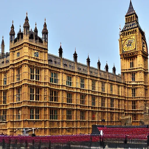 Image similar to the houses of parliament in london decorated for king charles ii's coronation, london