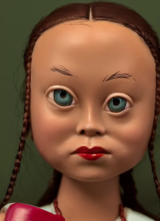 Image similar to closeup face profile portrait of tin toy greta thunberg as a bikini model eating cakes, depth of field, zeiss lens, detailed, symmetrical, centered, fashion photoshoot, by nicoletta ceccoli, mark ryden, lostfish, breathtaking, 8 k resolution, extremely detailed, beautiful, establishing shot, artistic, hyperrealistic, octane render