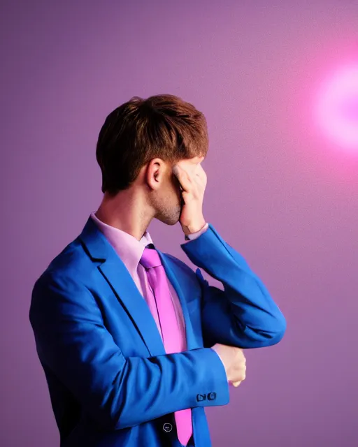 Image similar to man in blue suit with pink tie and purple shirt pondering, hyper realism, cinematic, volumetric lighting, intricate complexity, extremely detailed,