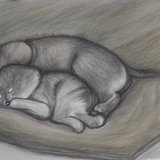 Image similar to drawing of a cubs sleeping in wet black oil, red ballpoint pen, outsider art style