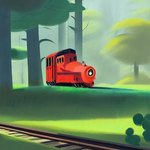 Image similar to a painting of a train traveling through a forest, a storybook illustration by goro fujita, deviantart, american scene painting, matte drawing, 2 d game art, speedpainting