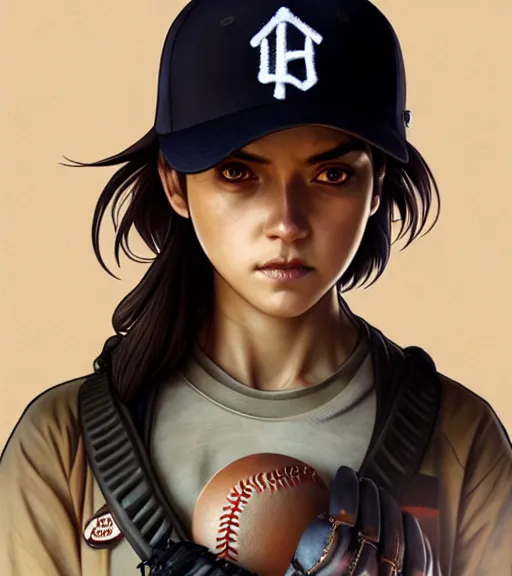 Image similar to symmetry ( clementine from the walking dead wearing her iconic baseball ( letter d ) hat ) ultra detailed, intricate, anime, dynamic lighting, digital art, digital painting, art station, wlop, sharp focus, illustration, art by artgerm and greg rutkowski and alphonse mucha