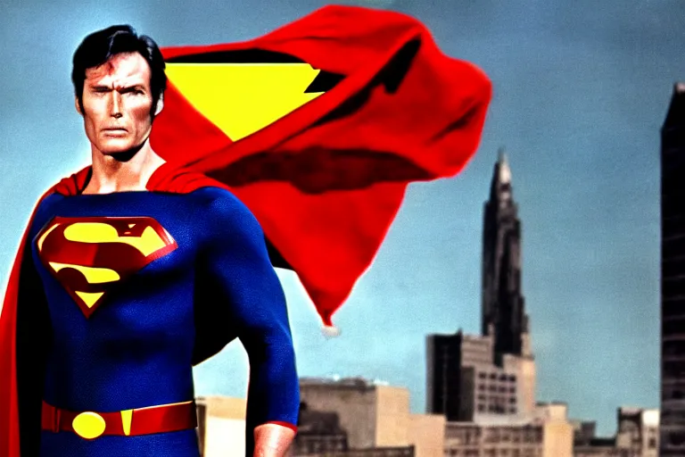 Image similar to clint eastwood as superman in the 1 9 8 0's, superhero film, richard donner film